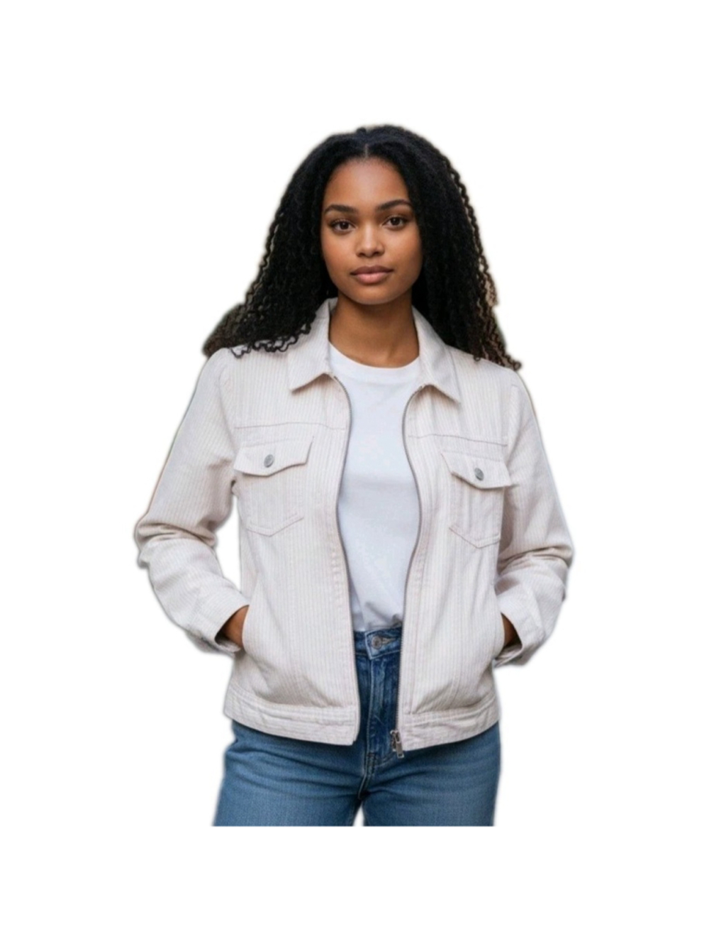 LRL Lauren Ralph Lauren TDMK Pink/White Stripe Denim Jacket Women Small Full-Zip